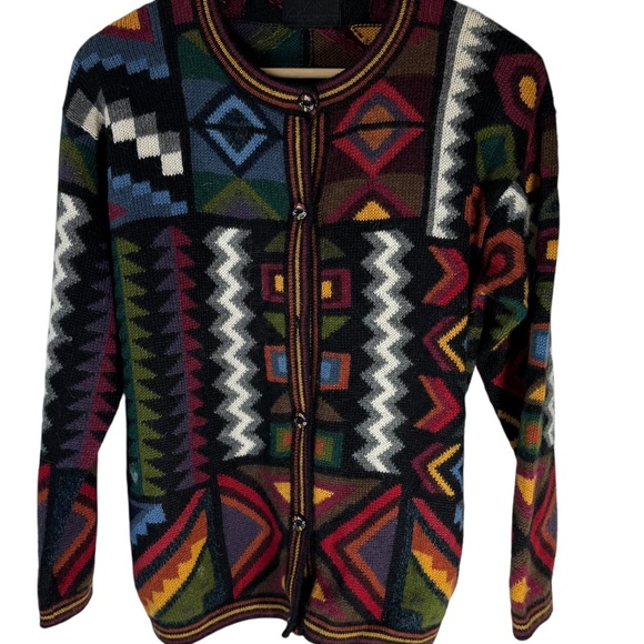 Andean Tradition Vintage 100% Baby Alpaca Print Cardigan Sweater Sz L - Picture 1 of 3